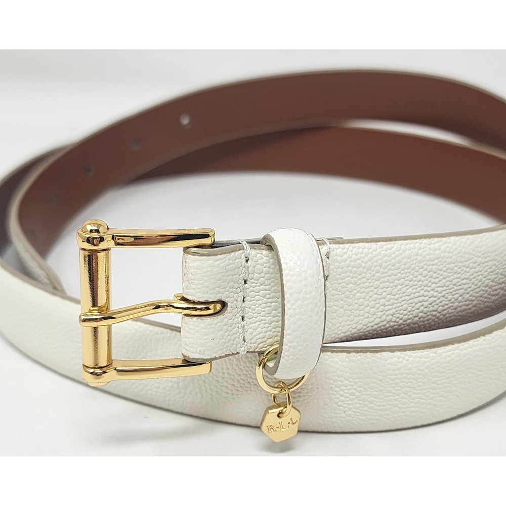 Lauren Ralph Lauren Leather Belt Women's XL Ivory Gold Buckle Logo Charm
